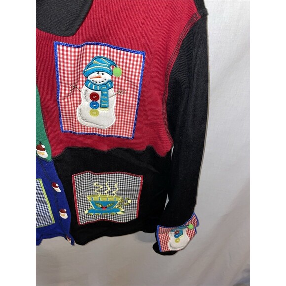 Onque Casuals Women’s Christmas Cardigan Sz Small Black Colorblock Santa Buttons - Picture 7 of 12